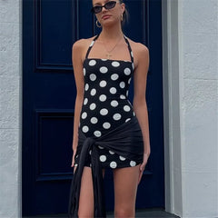 Polka Dot Halter Bodycon Knotted Wrap Mini Dress