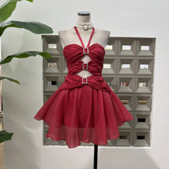 Halter Cut Out Metal Buckle Flare Mini Dress