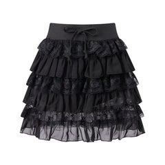 Drawstring Lace Trim Tiered Ruffle Mini Skirt