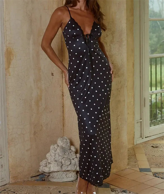 Satin Lace Trim Tie Front Slip Maxi Dress