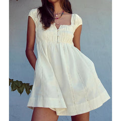 Square Neck Cap Sleeve Smocked Babydoll Mini Dress