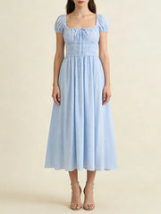 Striped Short Sleeve Ruched Bow Midi Dress