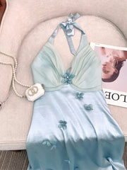 Blue 3D Flower Applique Mesh Halter Midi Dress