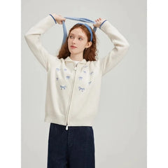 White Bow Embroidery Zipper Cardigan