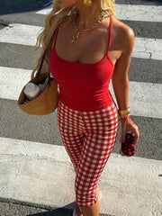 Red Cami Top And Plaid Capri Pants Set