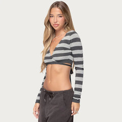 Striped Deep V-Neck Long Sleeve Crop Top