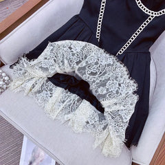 Black Fishbone Lace Trim Mini Dress