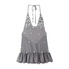 Mesh Halter Neck Sequin Beaded Mini Dress