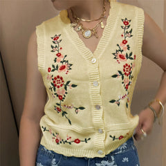 Knit V-Neck Floral Embroidery Vest