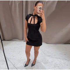 Short Sleeve Lace Up Cut Out Collar Polka Dot Mini Dress