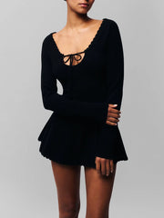 Solid Knit Long Sleeve Front Tie Mini Dress