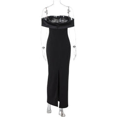 Black Off-shoulder Satin Buttoned Maxi Dress