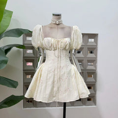 Puff Sleeve Square Collar Embroidery Mini Dress