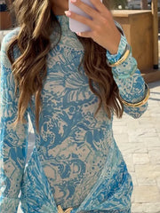 Blue Printed Long Sleeve Pleated Mini Dress
