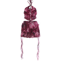 Purple Tie-Dye Tierred Halter Crop Tops And Tassel Mini Skirt Set