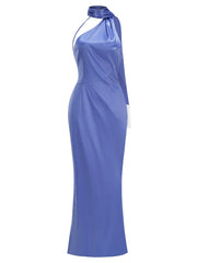 Blue Halter Neck One Shoulder Beaded Tassel Maxi Dress