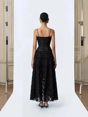 Black Pleated Strappy Mesh Hem Maxi Dress