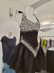 Diamond Beaded Tie-Up Neck A-Line Mini Dress
