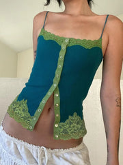 Blue Button Up Lace Trim Spaghetti Strap Crop Top