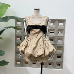 Polka Dot Bow Embellished Bubble Hem Mini Dress With Shorts