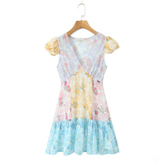 Patchwork Flower Print V neck Mini Dress