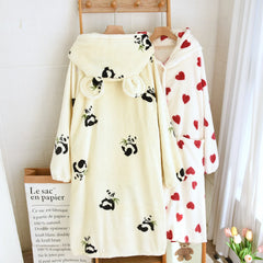 Print Flannel Nightgown Hooded Bathrobe