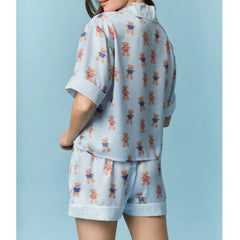 Blue Bear Print V Neck Short Sleeve Top with Shorts Lounge Wear Set
