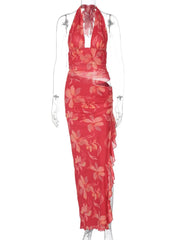 Red Printed Mesh Halter Deep Neck Cut Out Maxi Dress