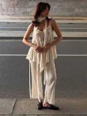 White Lace Printed Strap Long Top