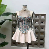 Embroidery Corset Strap Top And Mini Skirt Set