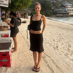 Black Cami Top And Midi Skirt Set