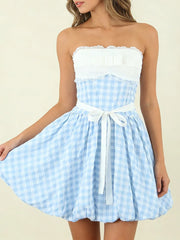 Blue Bow Plaid Short Dress