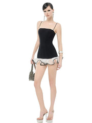 Black Frill Trim Strappy Mini Dress
