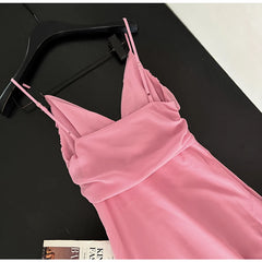 Pink V-Neck Spaghetti Strap 3D Flower Flowy Midi Dress
