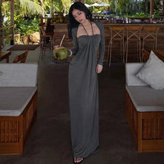 Long Sleeve Draped Tie Neck Maxi Dress