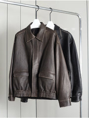Distressed Zipper Soft Bomber Faux Leather Jacket