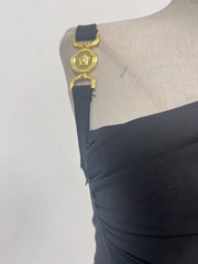 Black Ruched Gold Button Strap Mini Dress