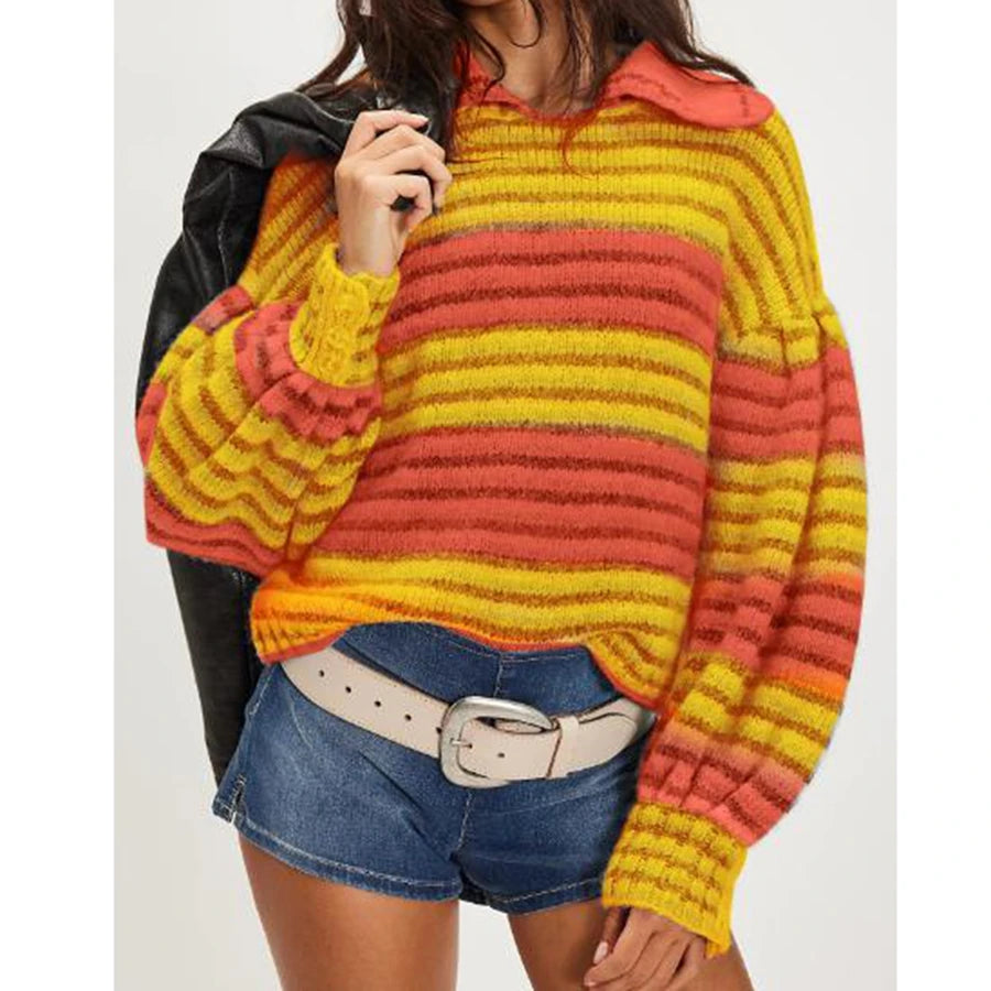 Person wearing a colorful striped sweater and denim shorts on a white background