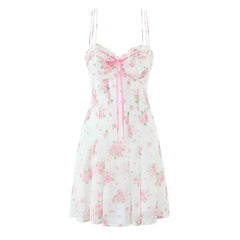 Pink Floral Bow Mesh Cami Mini Dress