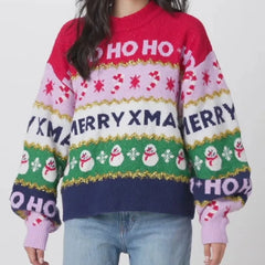 Colorful Christmas-themed sweater with text and patterns