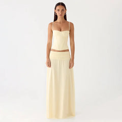 Yellow Spaghetti Strap Crop Top And Maxi Skirt Matching Set