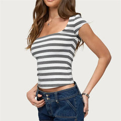 Striped Square Neck Crop T-Shirt