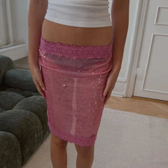 Pink See Through Sequin Midi Skirt
