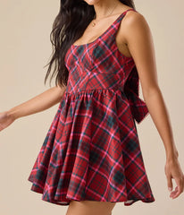 Red Plaid Back Bow Mini Dress