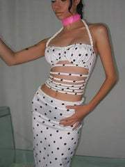 Polka Dots Slit Crop Top And Mid Skirts Set