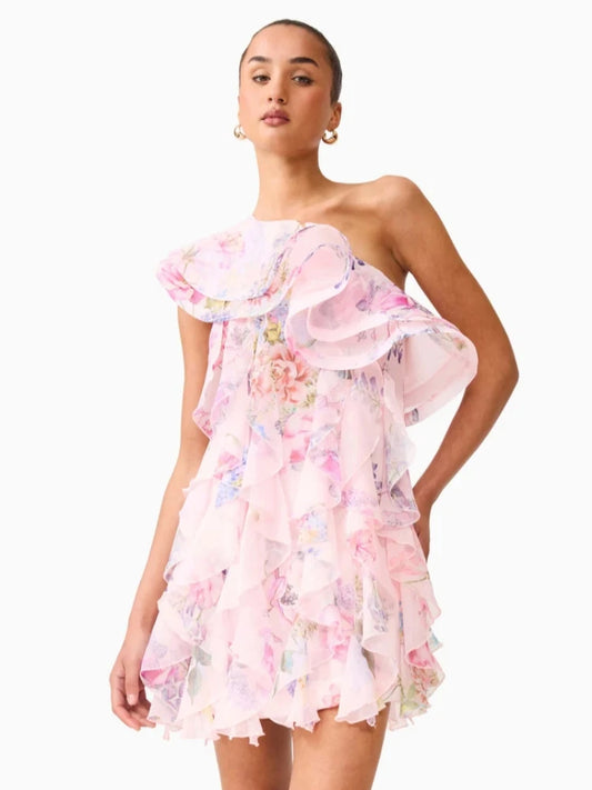 Pink Printed One Shoulder Multi-layered Ruffles Mini Dress