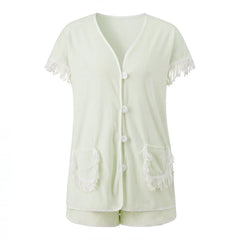 Button‑Down Short Sleeve Tassel Fringe Pocket Top And Shorts Loungewear Set