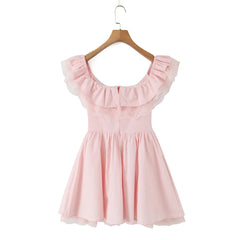 Pink Lace Ruffle Bow Off-shoulder Mini Dress