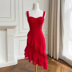 Red Ruffled Sweetheart Neck Strappy Irregular Hem Midi Dress