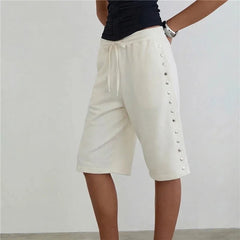 Drawstring Side Snap Button Knee Length Bermuda Shorts